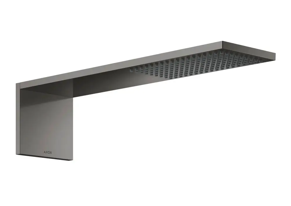 Kopfbrausemodul in schwarzem Chrom von AXOR mit flacher Oberfläche und gleichmäßig angeordneten Wasserstrahlen, montiert an einer Wand.